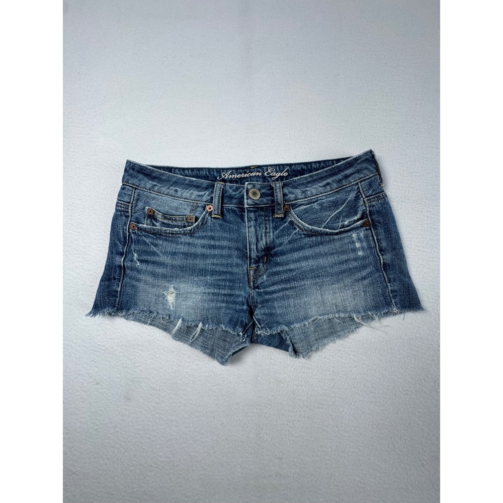 Boho American Eagle Womens 2 Denim Shorts Blue Raw Hem‎ Distressed Cut Off